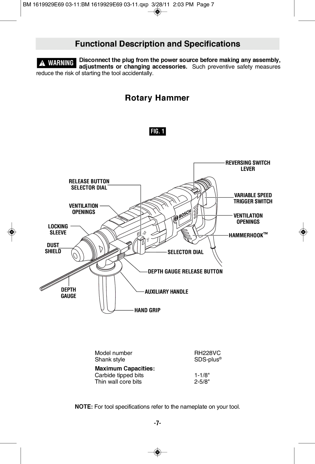 Bosch Power Tools RH228VC-B manual Functional Description and Specifications, Rotary Hammer, Ventilation, Openings 