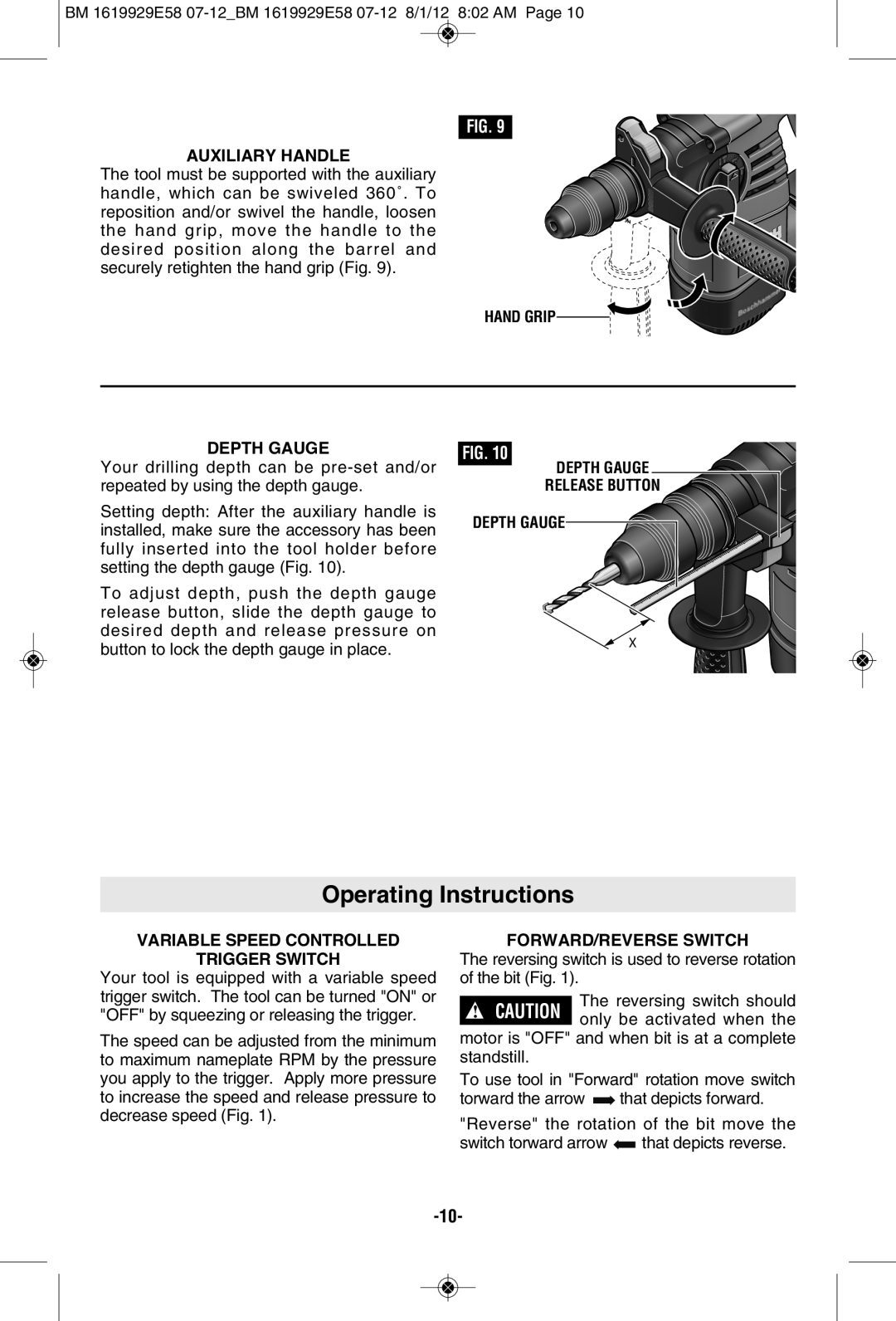 Bosch Power Tools RH328VCQ manual Operating Instructions, AUxILIARy Handle, Hand Grip Depth Gauge, FORWARD/REVERSE Switch 