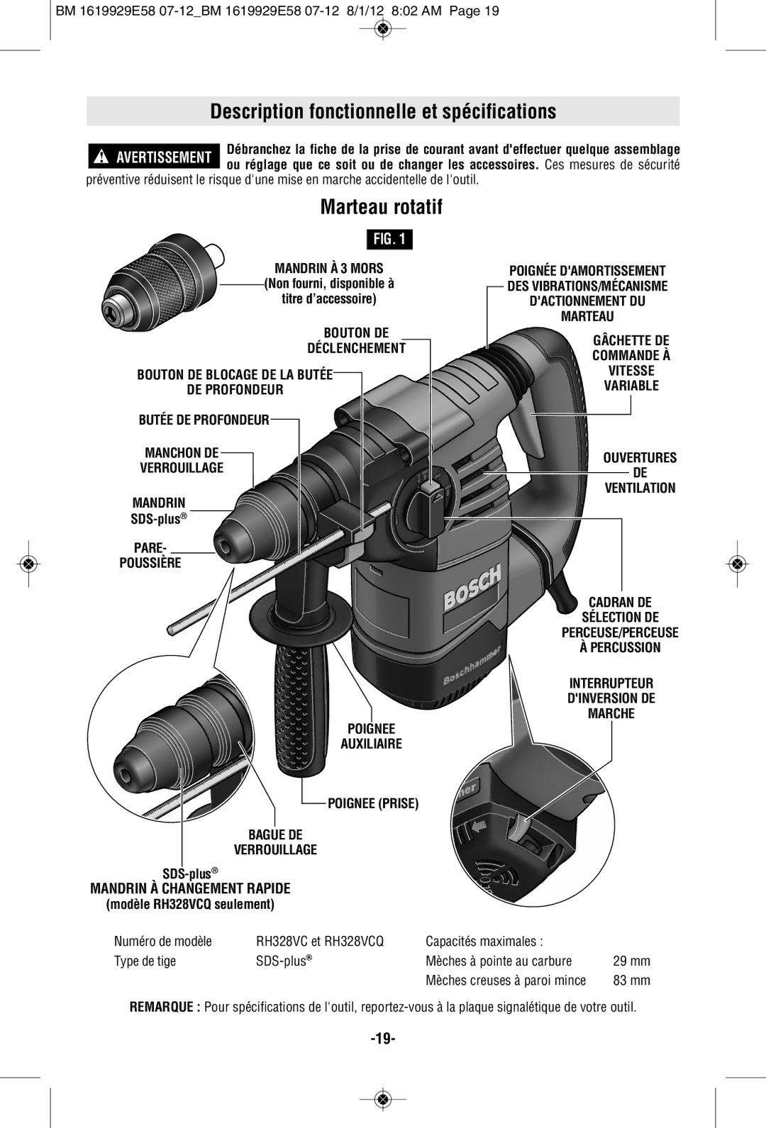 Bosch Power Tools RH328VCQ manual Description fonctionnelle et spécifications, Marteau rotatif, Mandrin À 3 Mors 