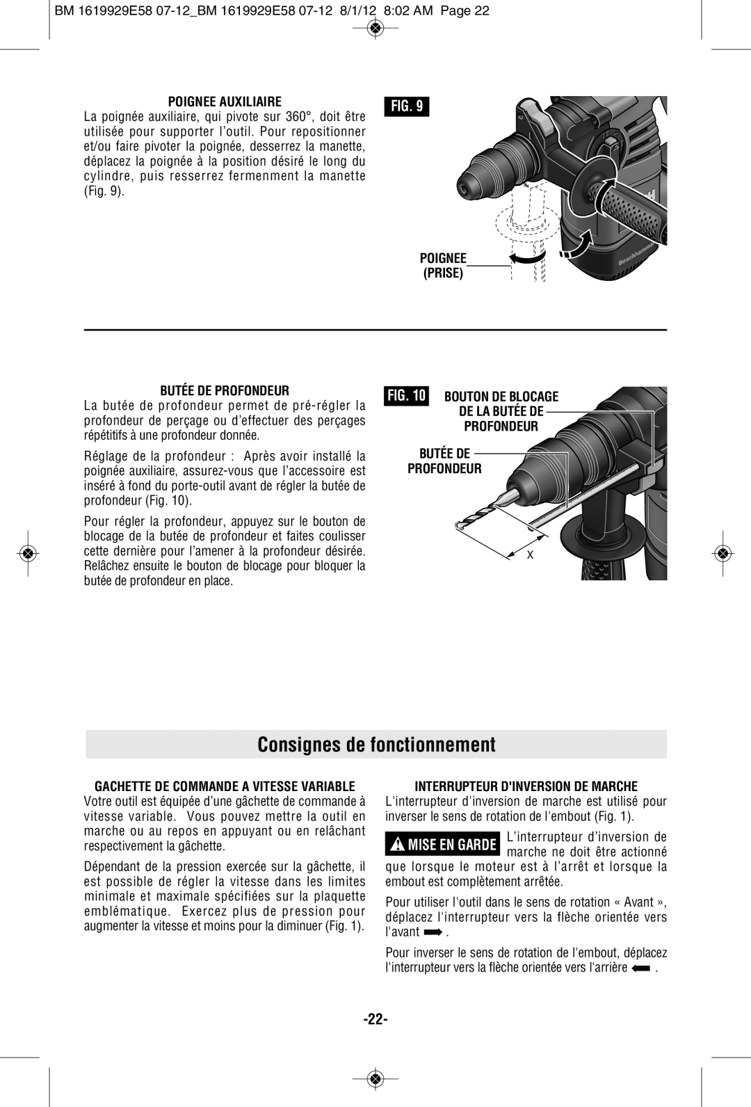 Bosch Power Tools RH328VCQ manual Consignes de fonctionnement, Poignee Auxiliaire, Poignee Prise Butée DE Profondeur 