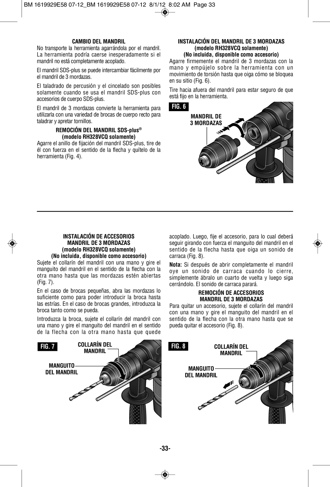 Bosch Power Tools RH328VCQ manual Cambio DEL Mandril, Instalación DEL Mandril DE 3 Mordazas, Manguito DEL Mandril 