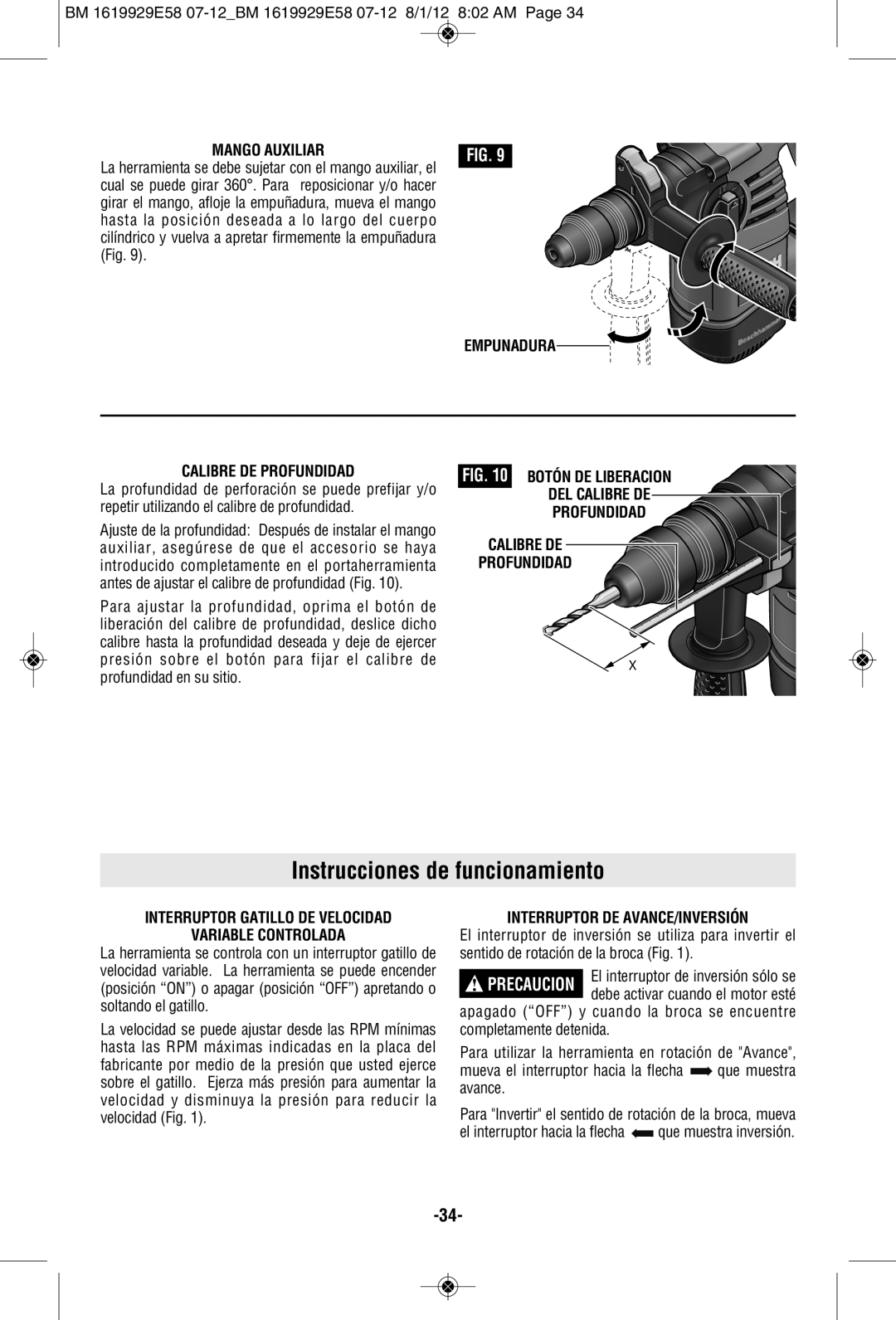 Bosch Power Tools RH328VCQ manual Instrucciones de funcionamiento, Mango Auxiliar, Empunadura Calibre DE Profundidad 