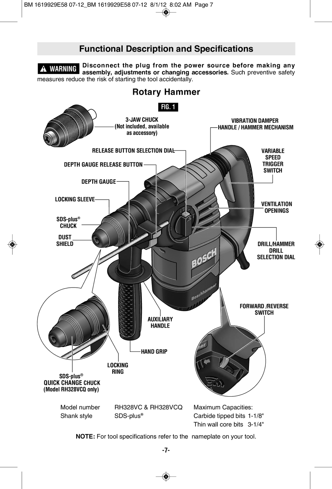 Bosch Power Tools RH328VCQ manual Functional Description and Specifications, Rotary Hammer, JAW Chuck, Ring 