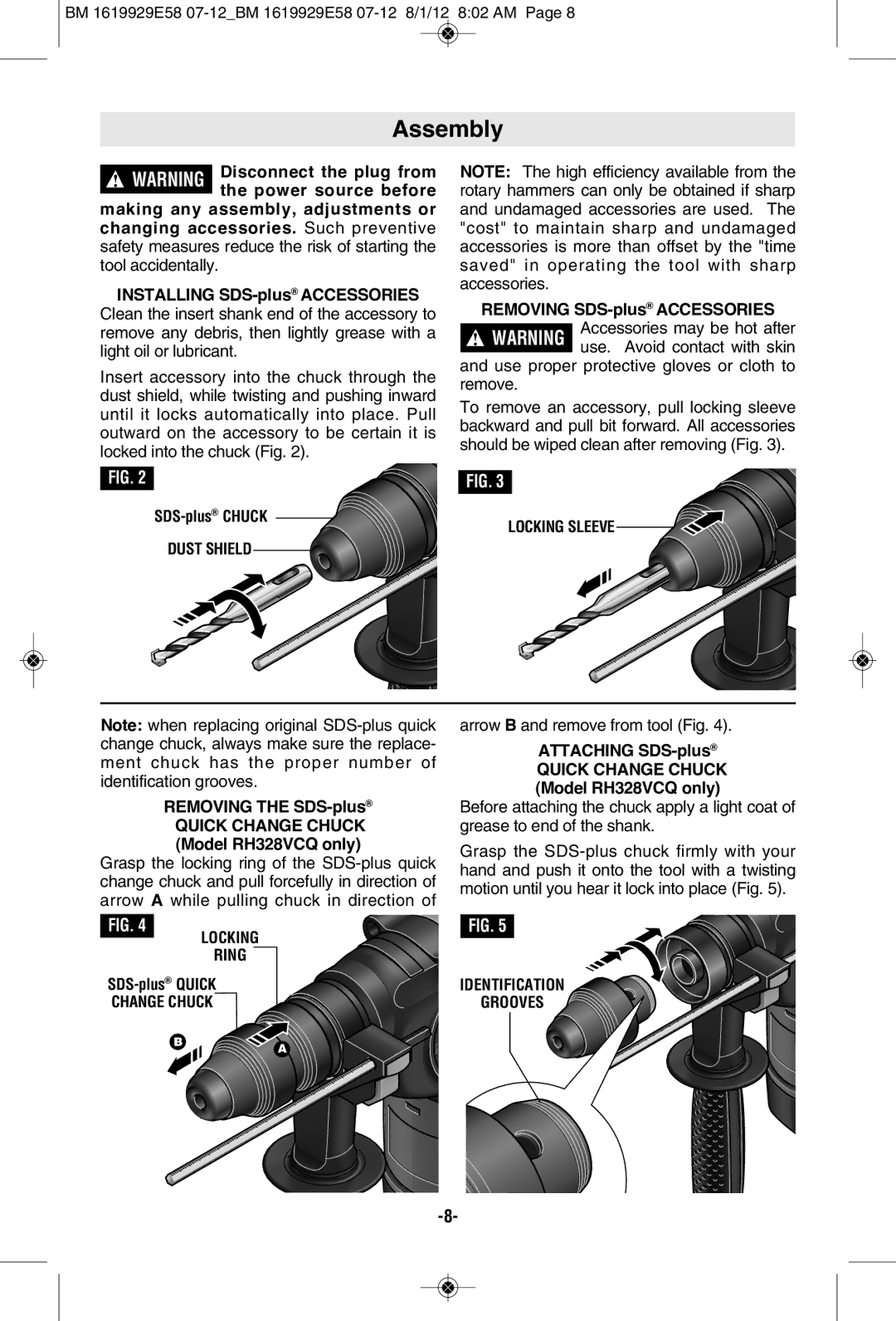 Bosch Power Tools RH328VCQ manual Assembly, SDS-plusCHUCK, Locking Sleeve Dust Shield, Locking Ring, Identification Grooves 