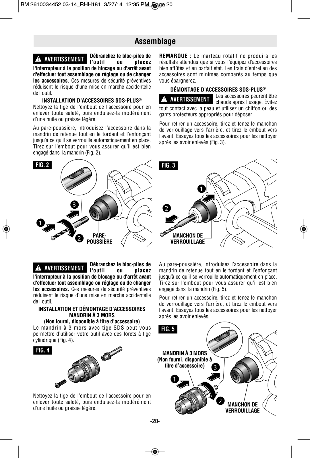 Bosch Power Tools RHH181BL, RHH181-01, RHH181BN manual Assemblage, Mandrin À 3 Mors 