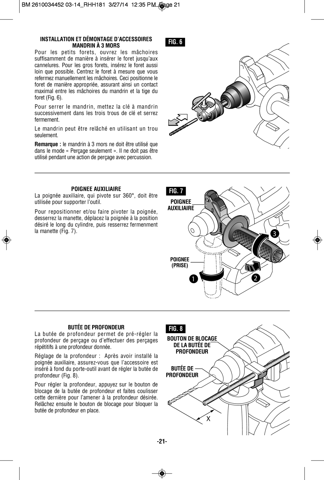 Bosch Power Tools RHH181-01, RHH181BN, RHH181BL manual Poignee Auxiliaire, Bouton DE Blocage DE LA Butée DE Profondeur 