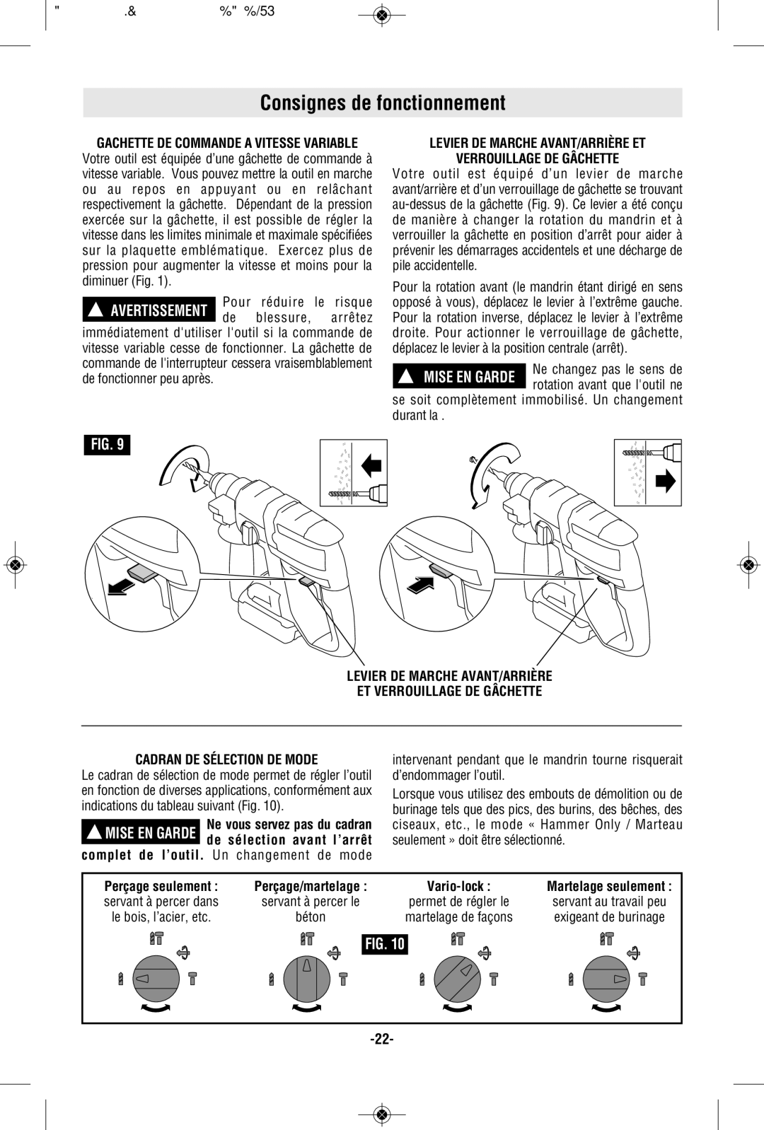 Bosch Power Tools RHH181BN manual Consignes de fonctionnement, Levier DE Marche AVANT/ARRIÈRE ET Verrouillage DE Gâchette 