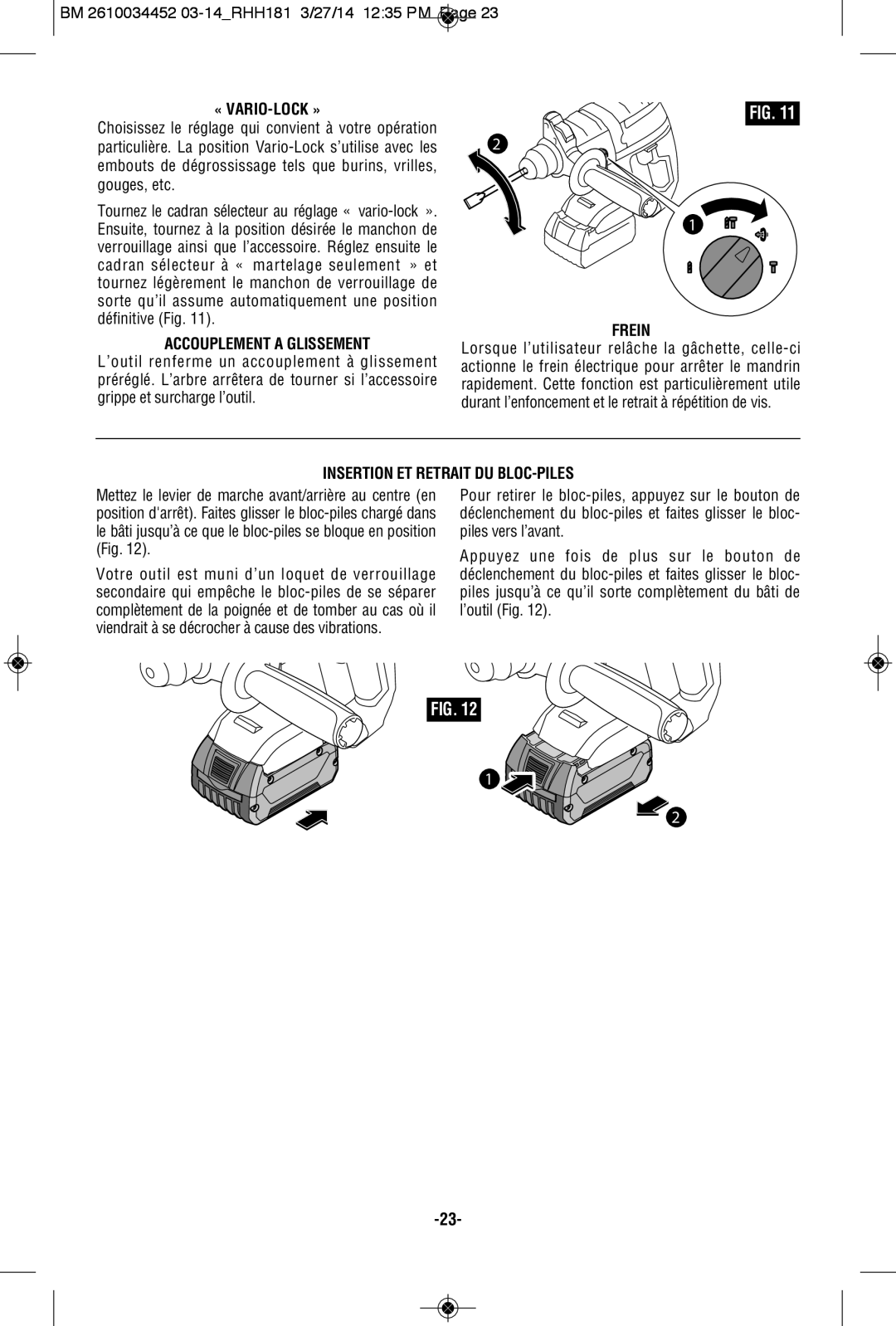 Bosch Power Tools RHH181BL, RHH181-01 « Vario-Lock », Accouplement a Glissement, Frein, Insertion ET Retrait DU BLOC-PILES 