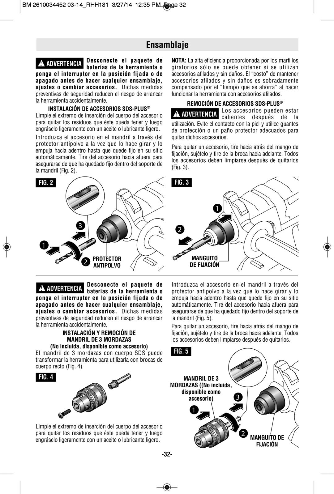 Bosch Power Tools RHH181BL, RHH181-01, RHH181BN manual Ensamblaje, Remoción DE Accesorios SDS-PLUS, Mandril DE 