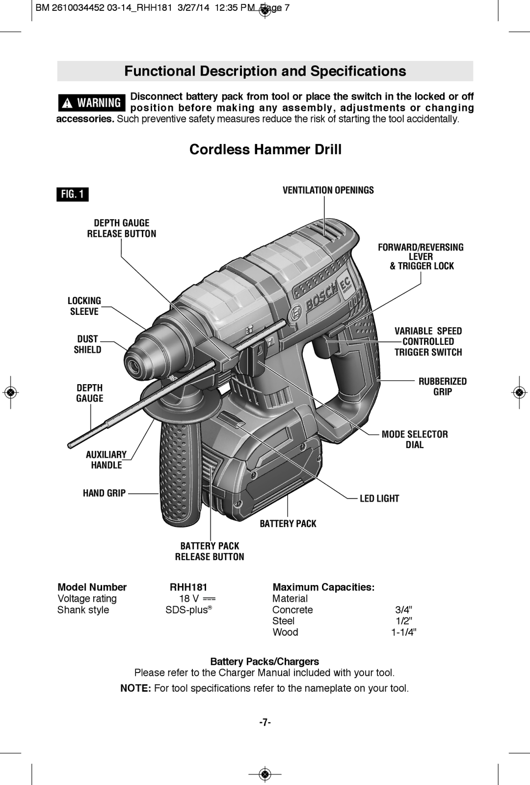 Bosch Power Tools RHH181BN manual Functional Description and Specifications, Cordless Hammer Drill, Battery Packs/Chargers 