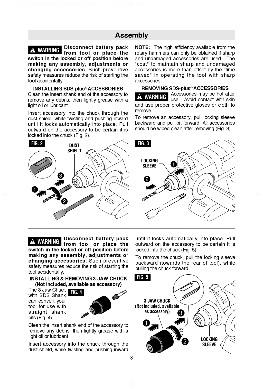 Bosch Power Tools RHH181BL Assembly, Installing SDS-plusACCESSORIES, Installing & Removing 3-JAW Chuck, Locking Sleeve 