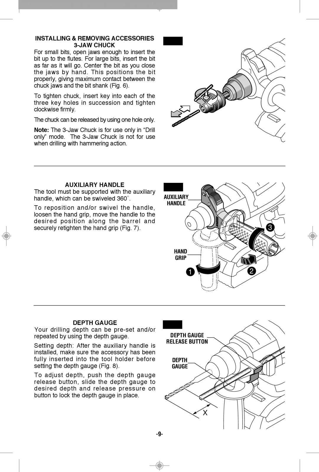 Bosch Power Tools RHH181-01 Installing & Removing Accessories JAW Chuck, AUxILIARy Handle, Depth Gauge Release Button 