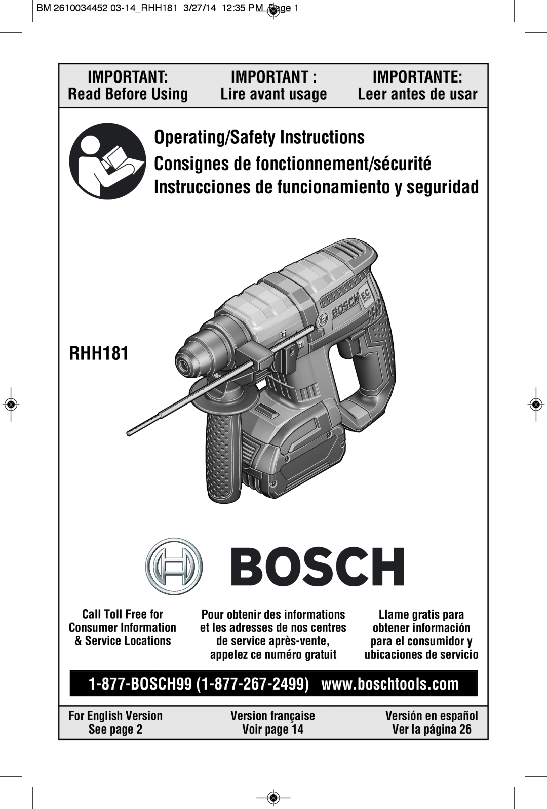 Bosch Power Tools RHH181BN manual Ver la página, Importante, Read Before Using, Lire avant usage, Leer antes de usar 