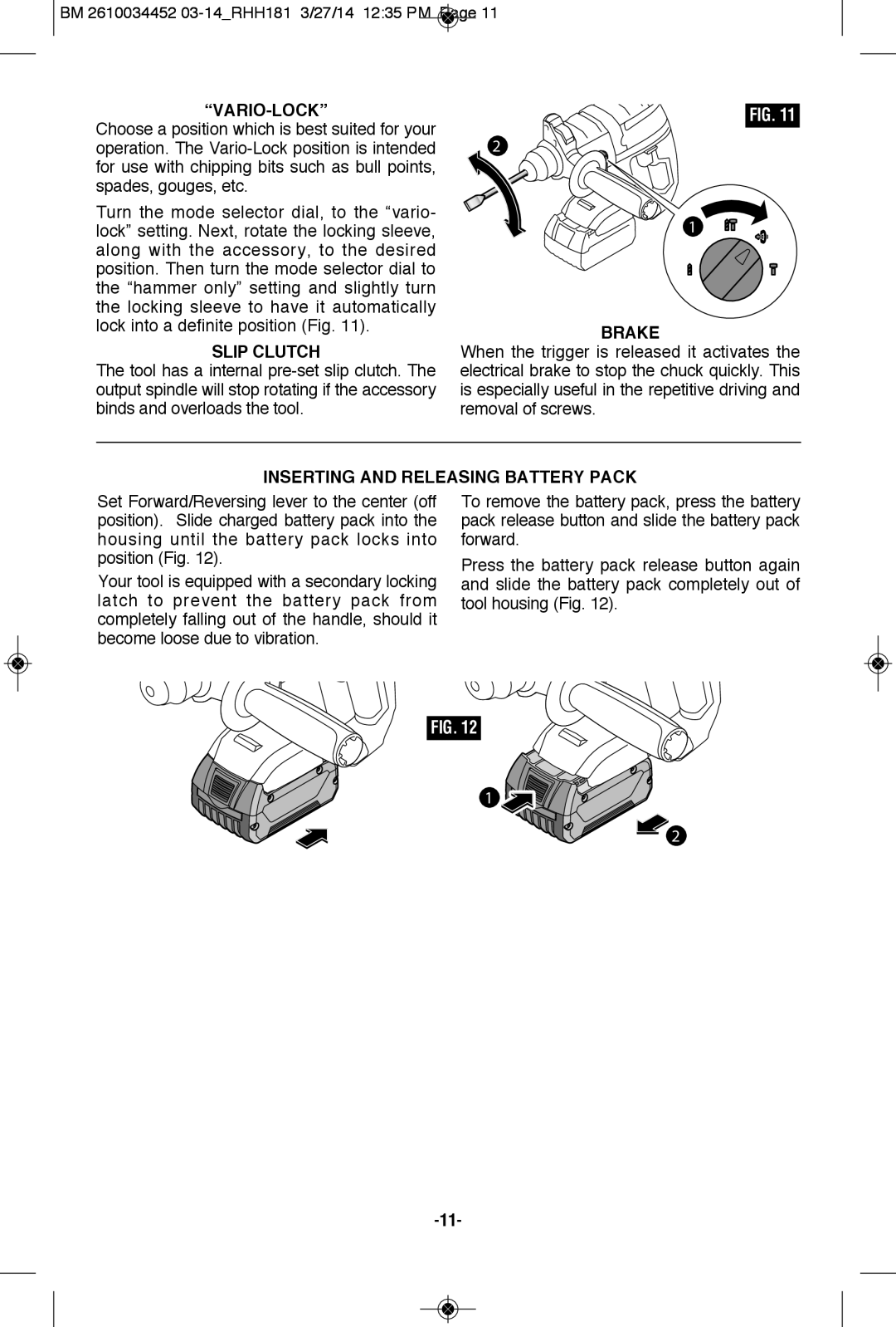 Bosch Power Tools RHH181BL, RHH181-01, RHH181BN manual “Vario-Lock”, Slip Clutch, Brake, INSERTING AND RELEASING BATTERy PACK 
