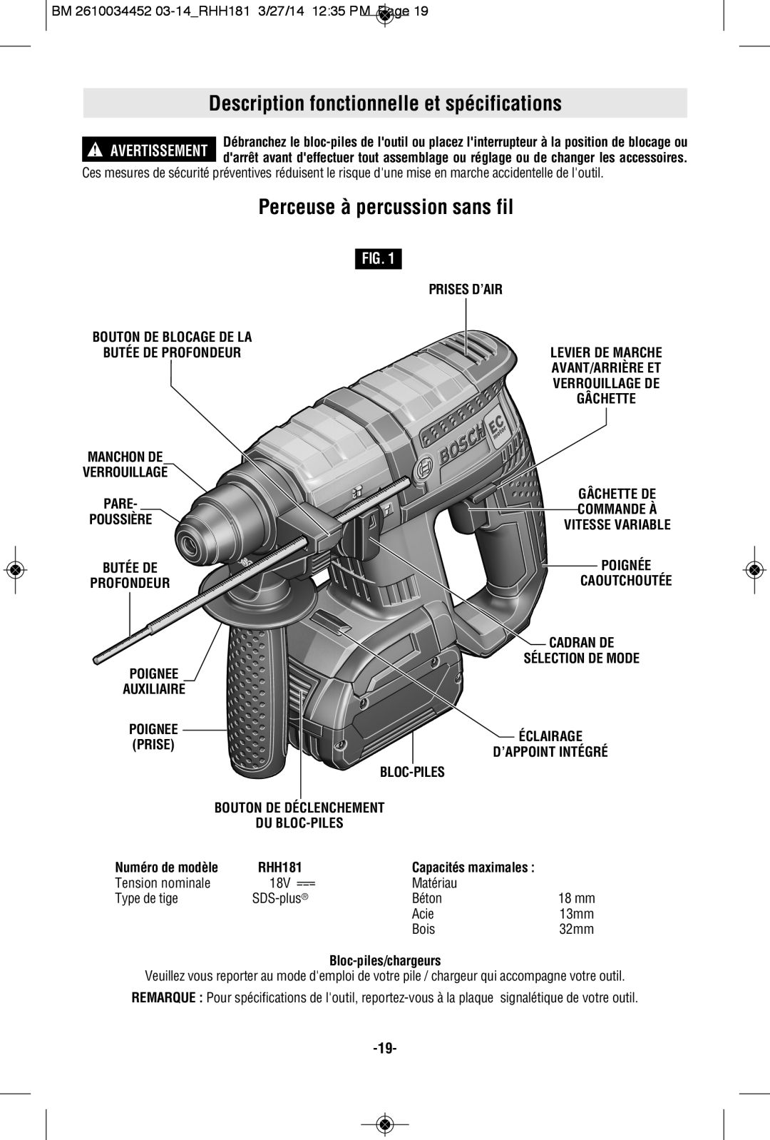 Bosch Power Tools RHH181BN manual Description fonctionnelle et spécifications, Perceuse à percussion sans fil, Prises D’Air 