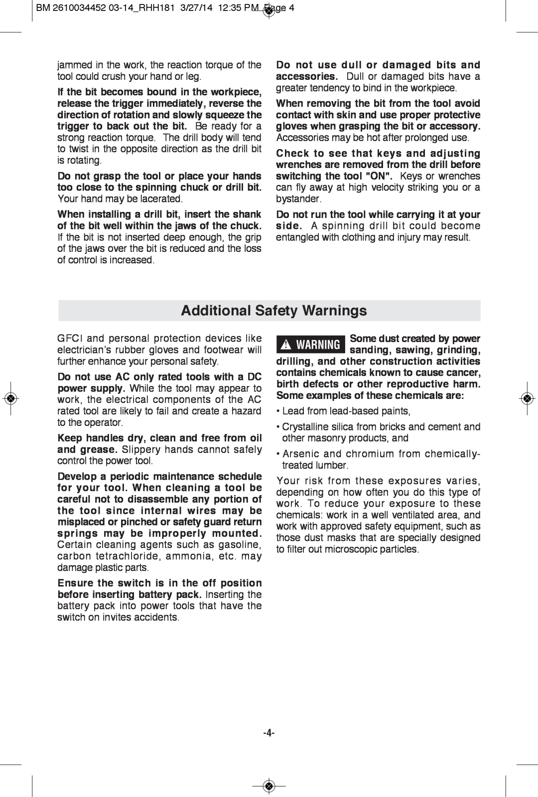 Bosch Power Tools RHH181BN, RHH181-01, RHH181BL manual Additional Safety Warnings, Some dust created by power 