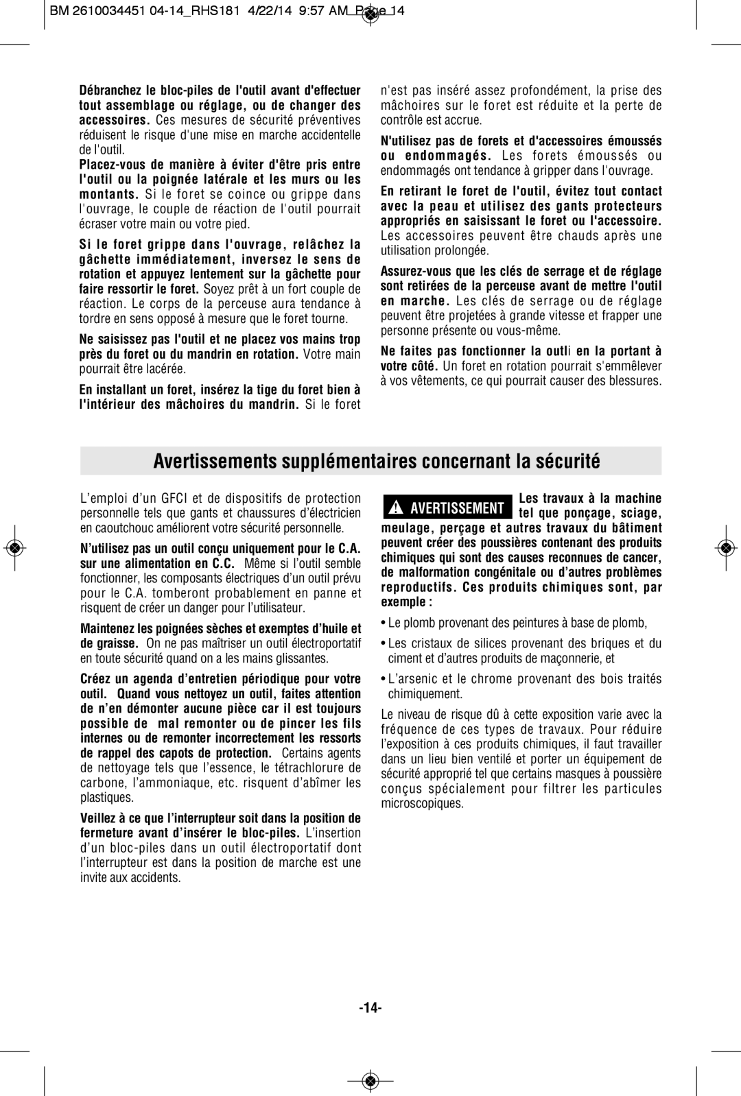 Bosch Power Tools RHS181BL, RHS181K manual Avertissements supplémentaires concernant la sécurité 