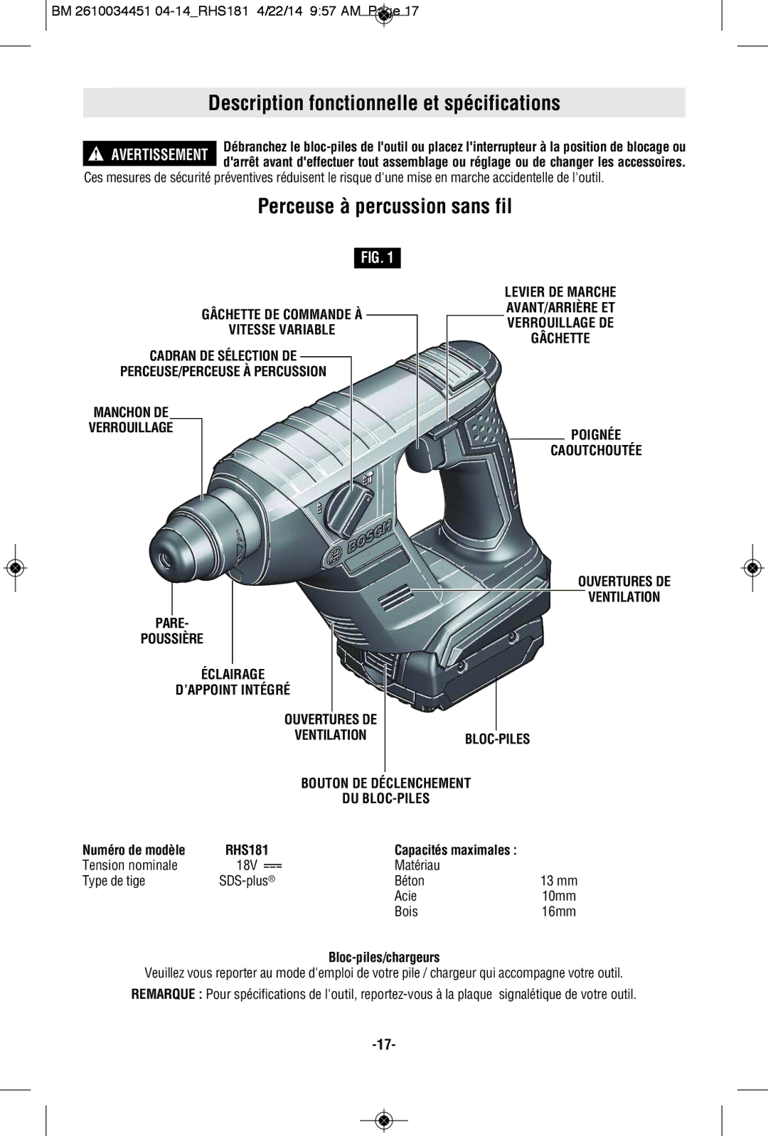 Bosch Power Tools RHS181BL Description fonctionnelle et spécifications, Perceuse à percussion sans fil, Numéro de modèle 