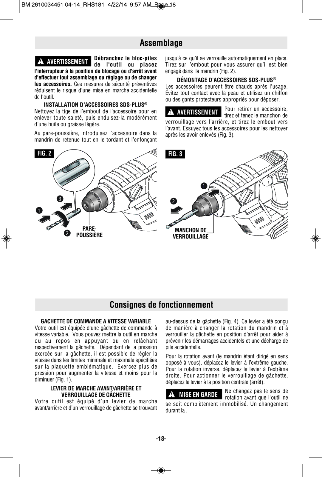 Bosch Power Tools RHS181K, RHS181BL manual Assemblage, Consignes de fonctionnement, Démontage D’ACCESSOIRES SDS-PLUS 