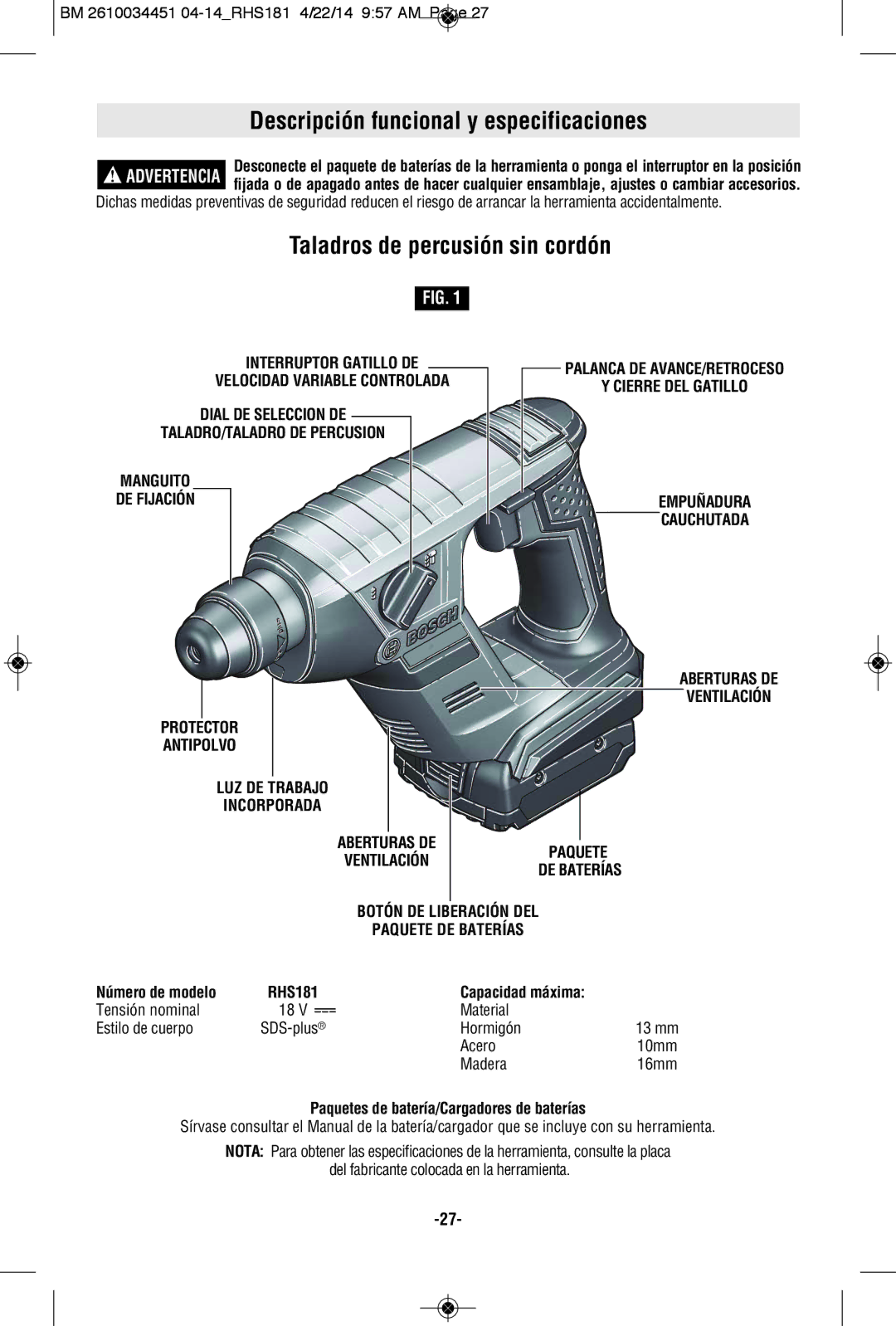 Bosch Power Tools RHS181K, RHS181BL manual Descripción funcional y especificaciones, Taladros de percusión sin cordón 