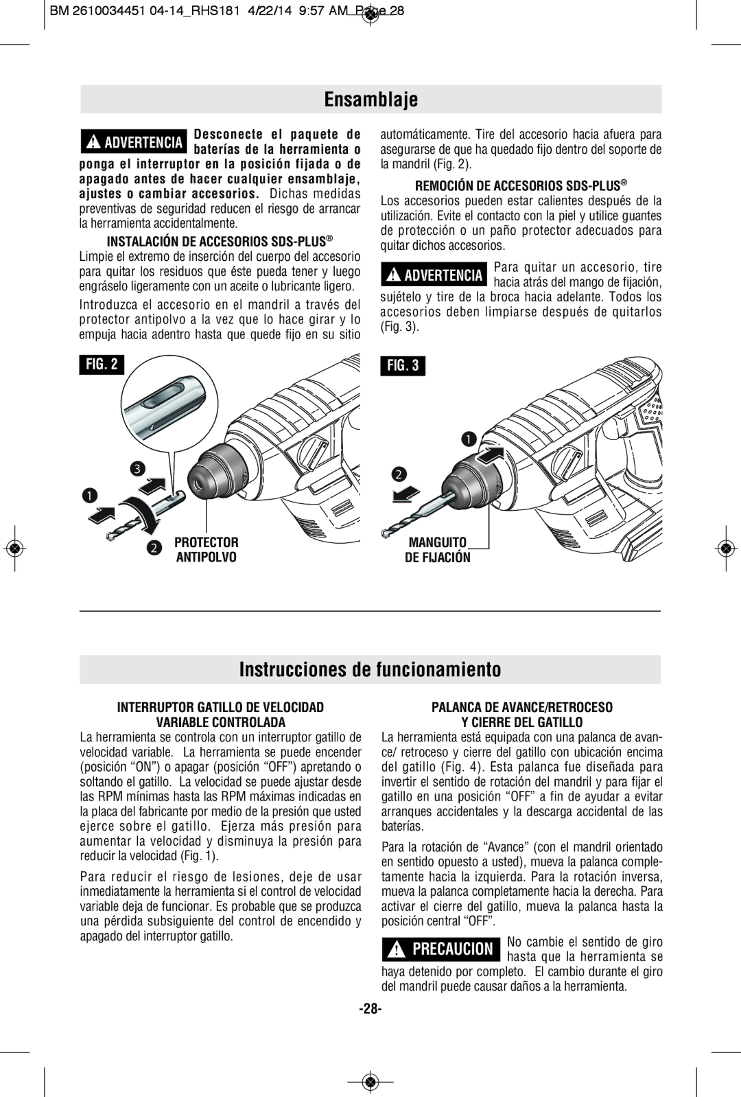 Bosch Power Tools RHS181K, RHS181BL manual Ensamblaje, Instrucciones de funcionamiento, Remoción DE Accesorios SDS-PLUS 