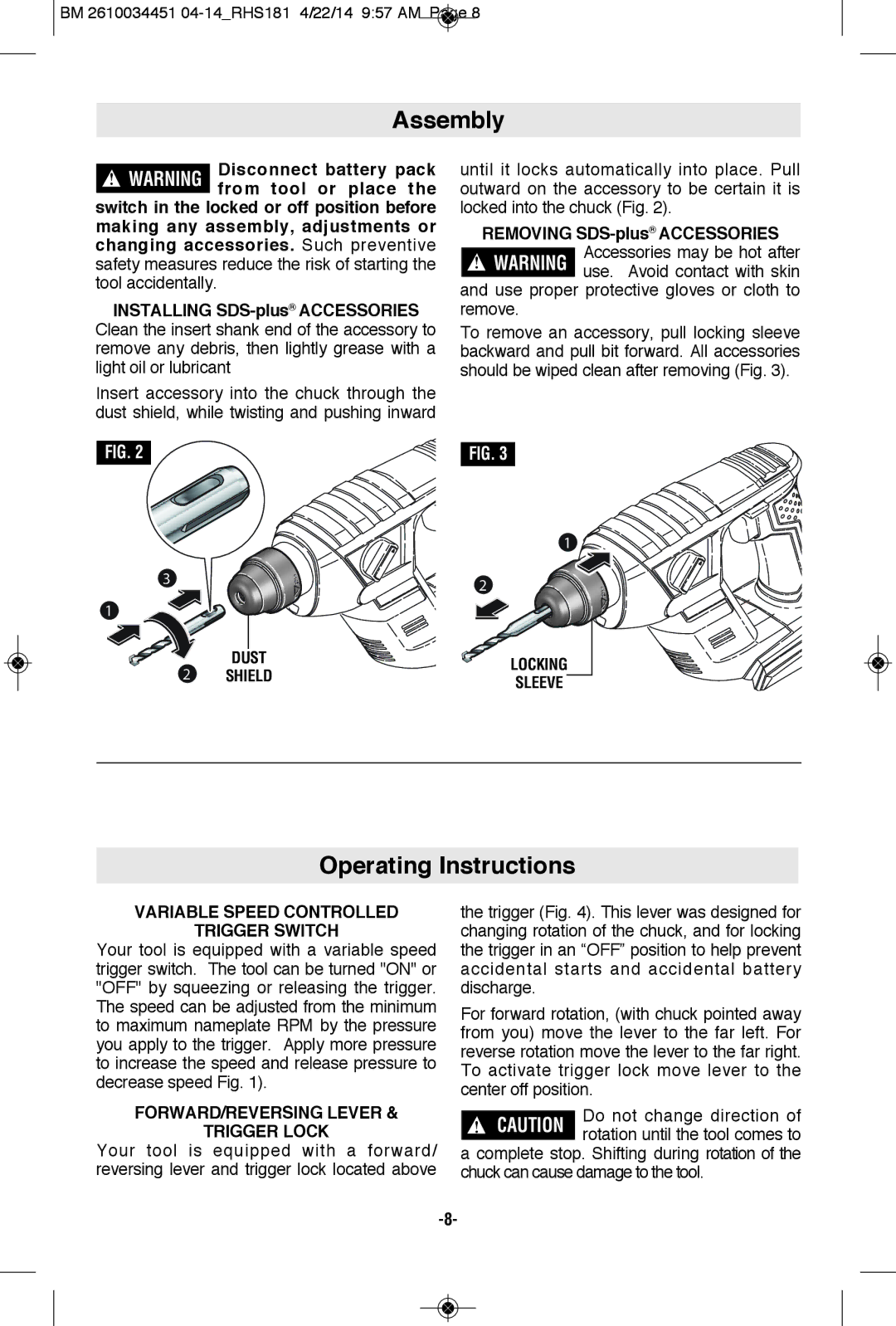 Bosch Power Tools RHS181BL, RHS181K manual Assembly, Operating Instructions, Variable Speed Controlled Trigger Switch 