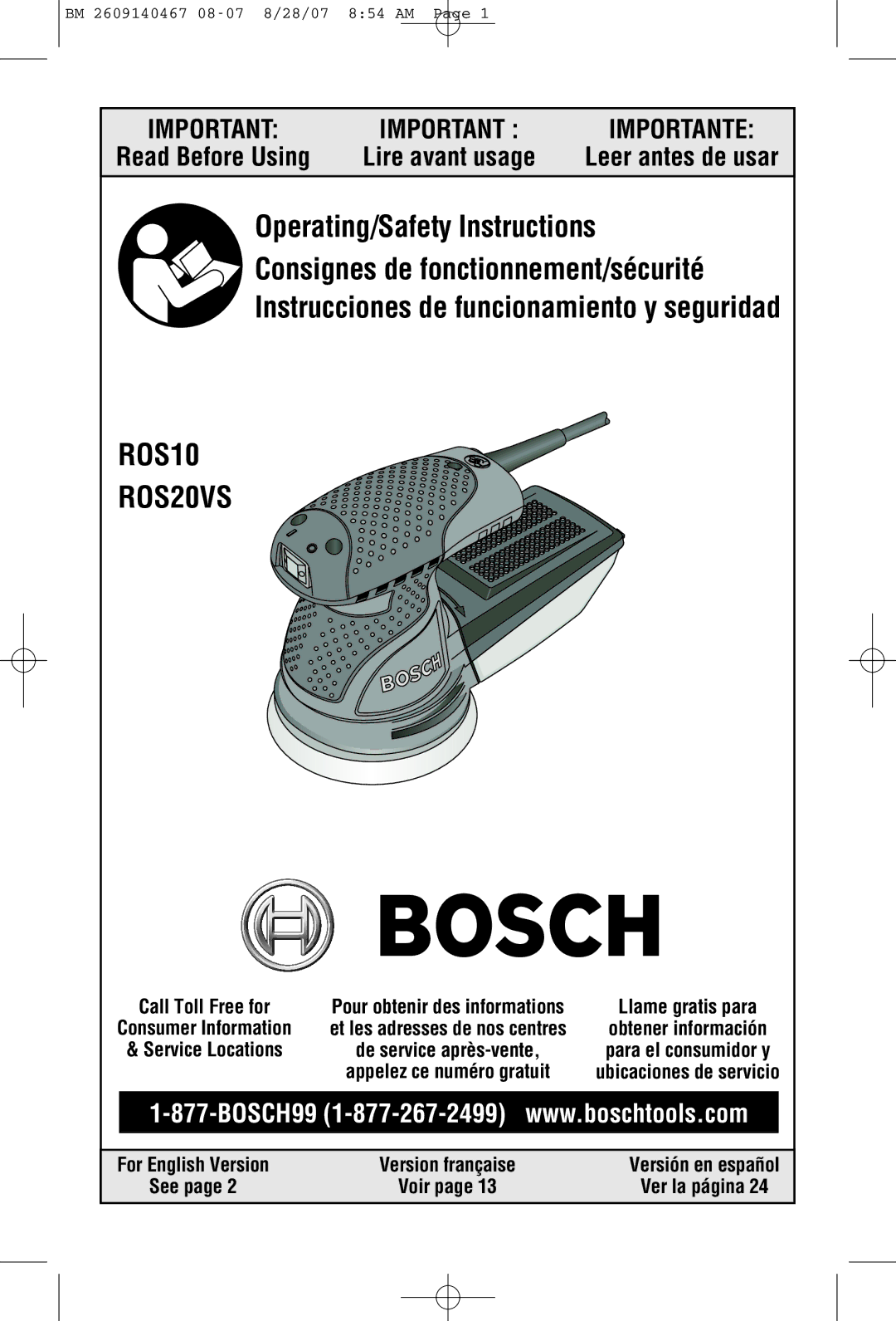 Bosch Power Tools R0S20VS, ROS10 manual Read Before Using 