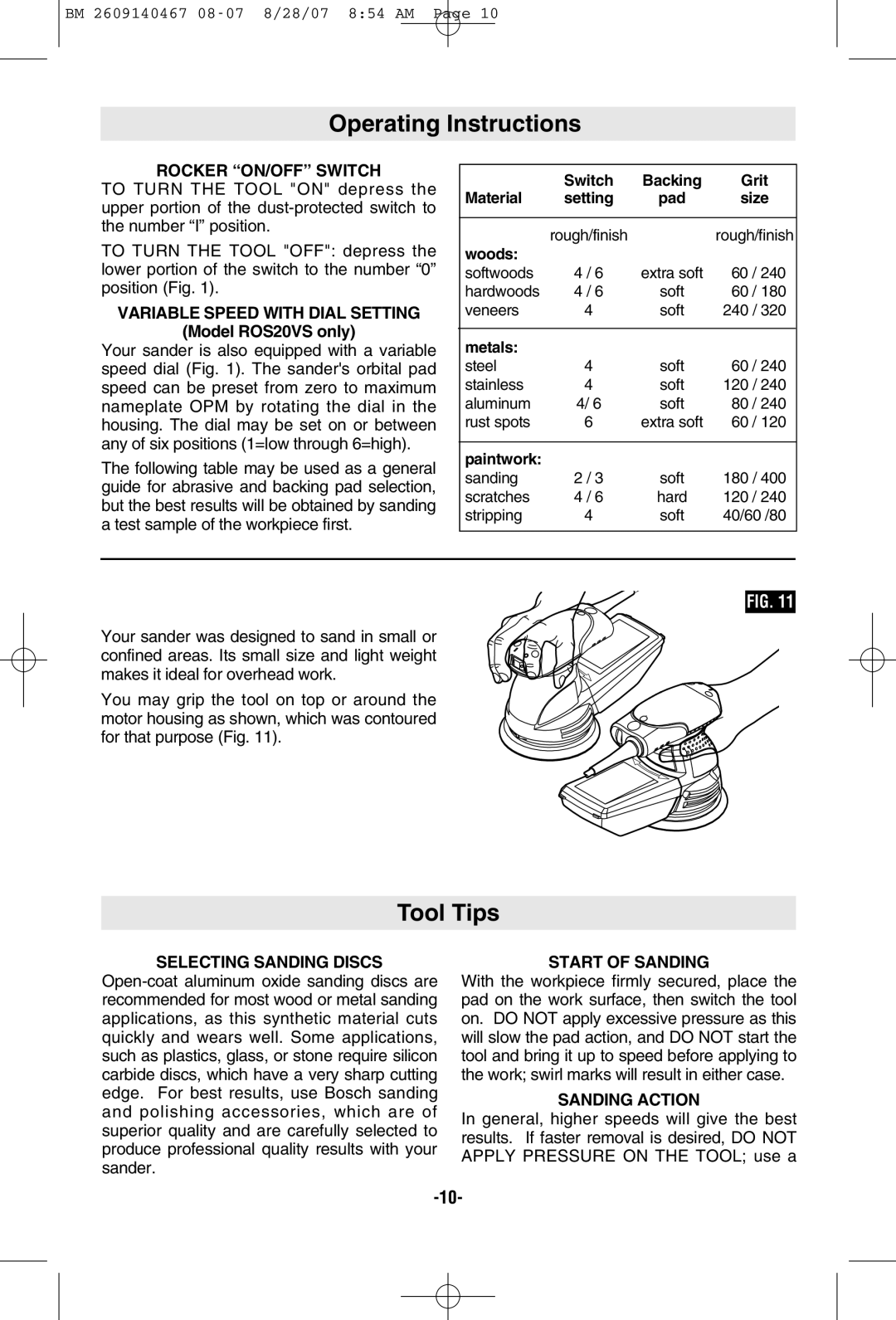 Bosch Power Tools ROS10, R0S20VS manual Operating Instructions, Tool Tips 