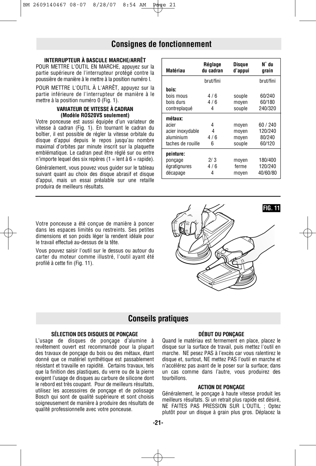 Bosch Power Tools R0S20VS, ROS10 manual Consignes de fonctionnement, Conseils pratiques 