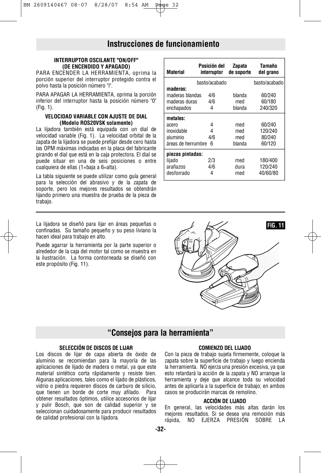 Bosch Power Tools ROS10, R0S20VS manual Instrucciones de funcionamiento, Consejos para la herramienta 