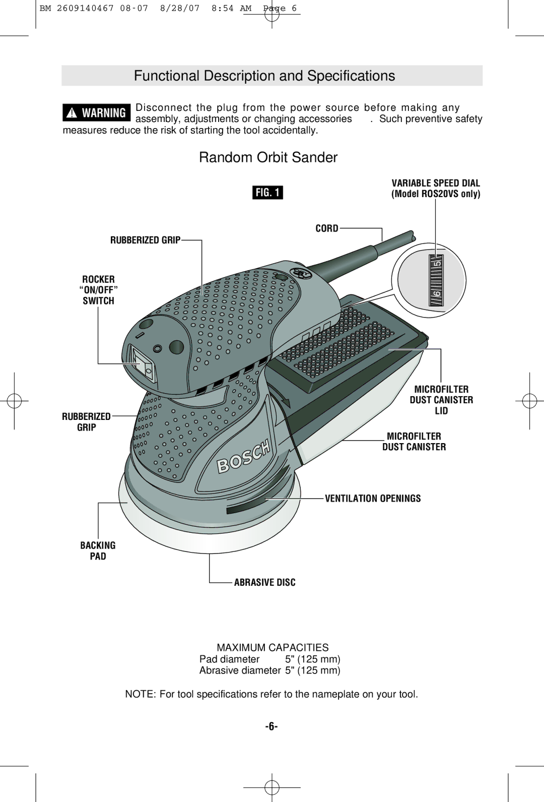 Bosch Power Tools ROS10, R0S20VS manual Functional Description and Specifications, Random Orbit Sander 