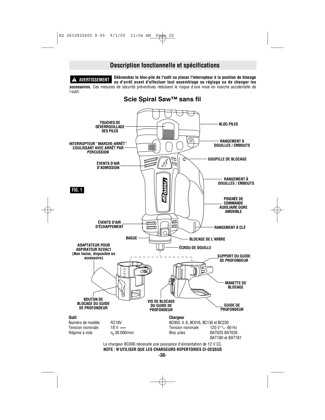 Bosch Power Tools ROTOZIP RZ18V Description fonctionnelle et spécifications, Scie Spiral Saw sans fil, Outil Chargeur 