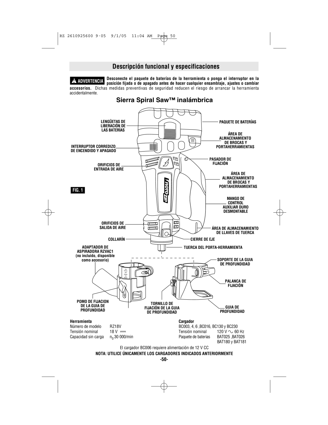 Bosch Power Tools ROTOZIP RZ18V manual Descripción funcional y especificaciones, Sierra Spiral Saw inalámbrica 