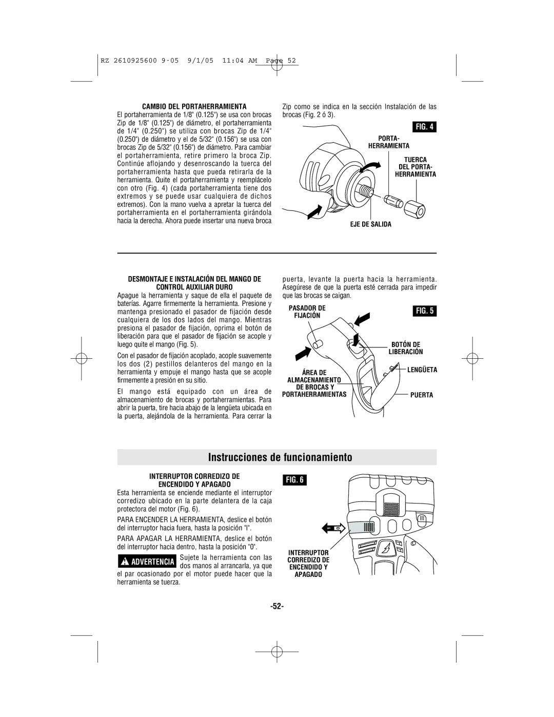 Bosch Power Tools ROTOZIP RZ18V manual Instrucciones de funcionamiento, Cambio DEL Portaherramienta, Control Auxiliar Duro 