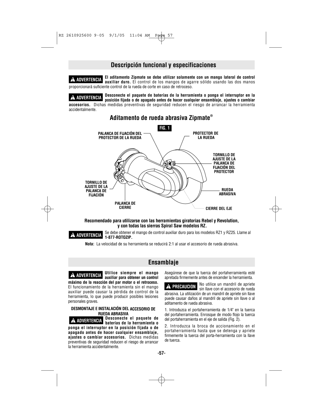 Bosch Power Tools ROTOZIP RZ18V manual Aditamento de rueda abrasiva Zipmate, Advertencia 1-877-ROTOZIP, Rueda Abrasiva 