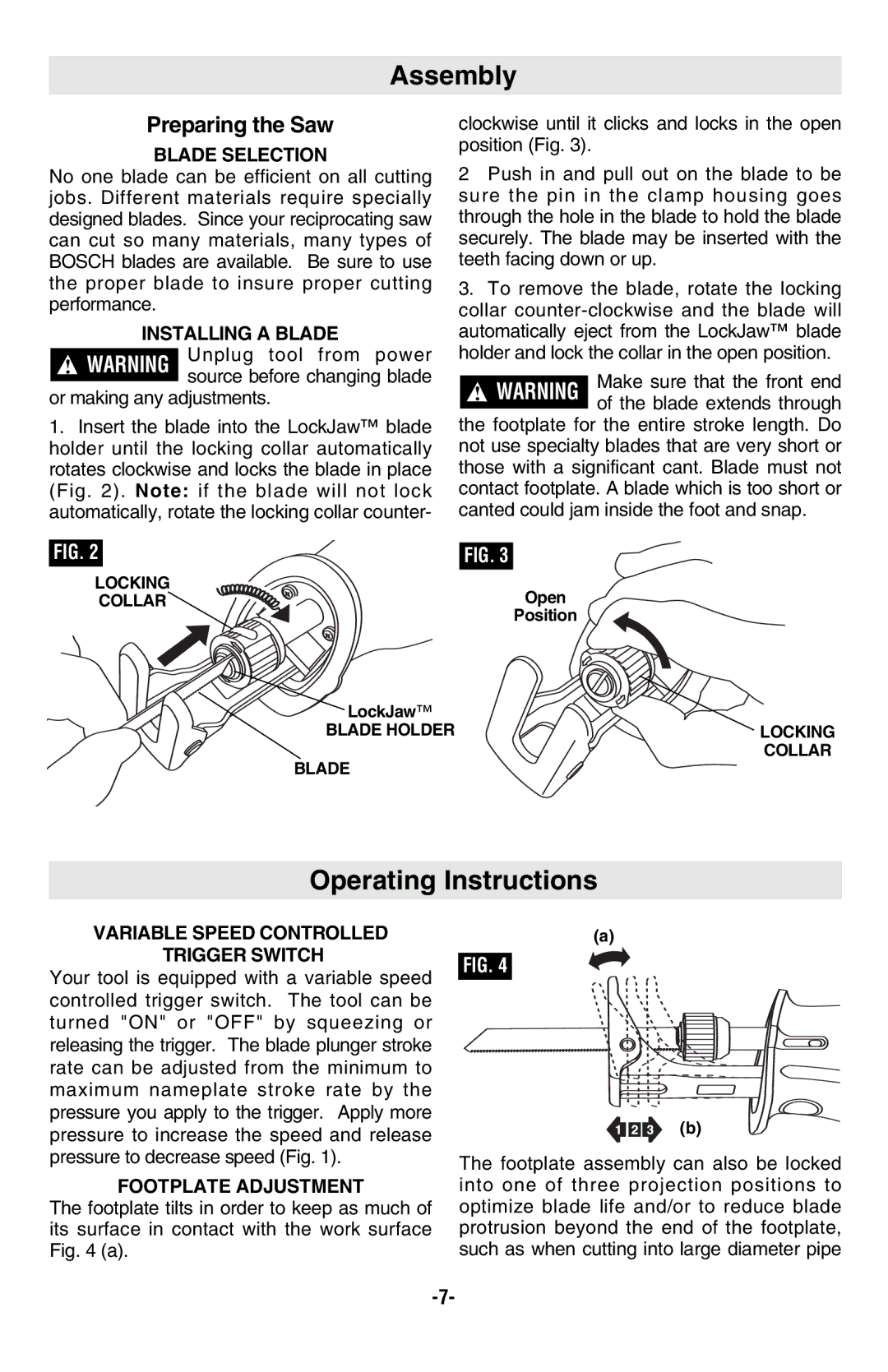 Bosch Power Tools RS10 manual Assembly, Operating Instructions, Preparing the Saw 