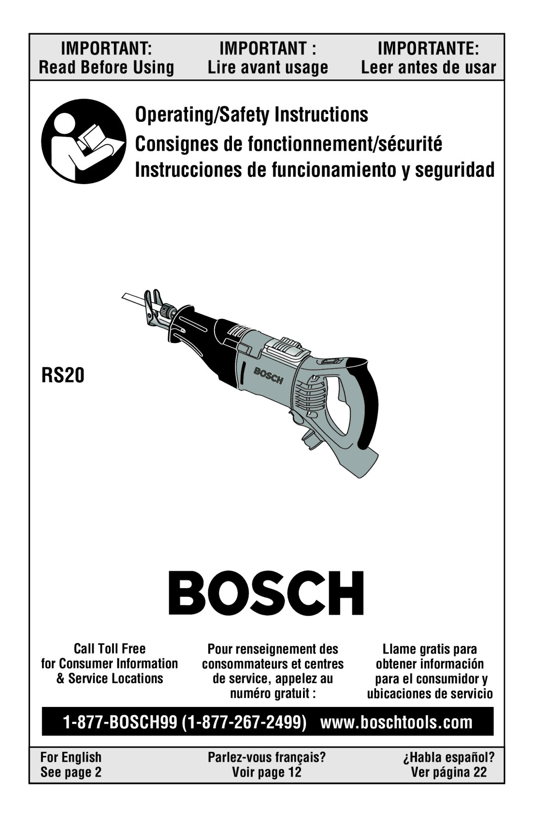 Bosch Power Tools RS20 manual For English, See 