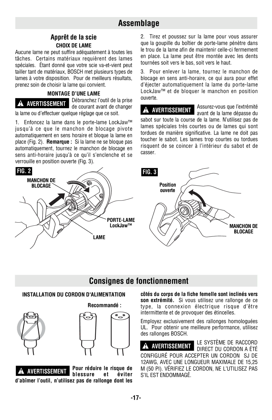 Bosch Power Tools RS20 manual Assemblage, Consignes de fonctionnement, Apprêt de la scie, Choix DE Lame, Montage D’UNE Lame 