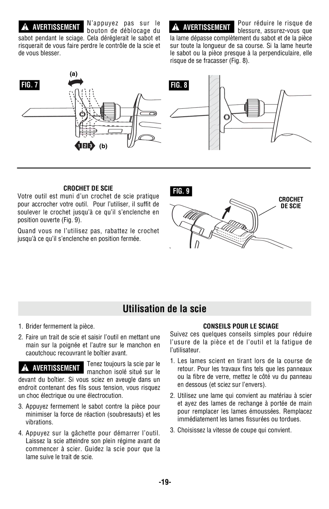 Bosch Power Tools RS20 manual Utilisation de la scie, Crochet DE Scie, Conseils Pour LE Sciage 