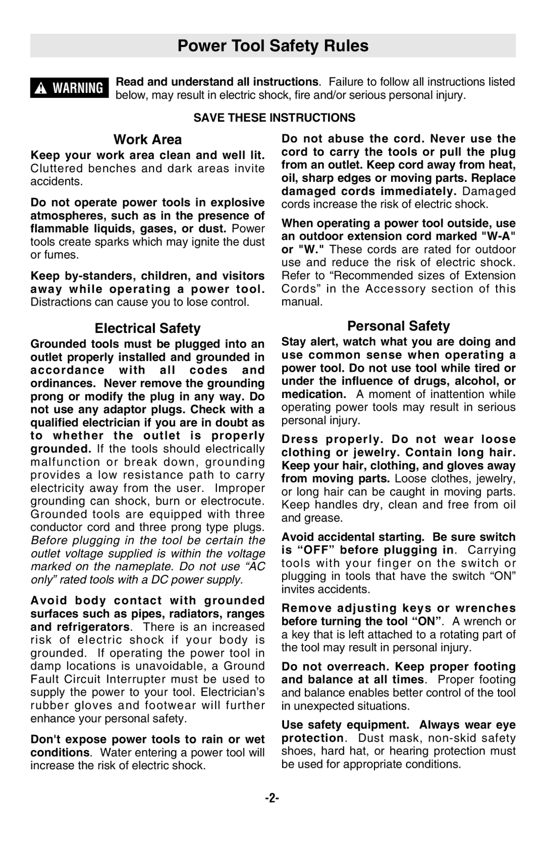 Bosch Power Tools RS20 manual Power Tool Safety Rules, Work Area, Electrical Safety, Personal Safety 