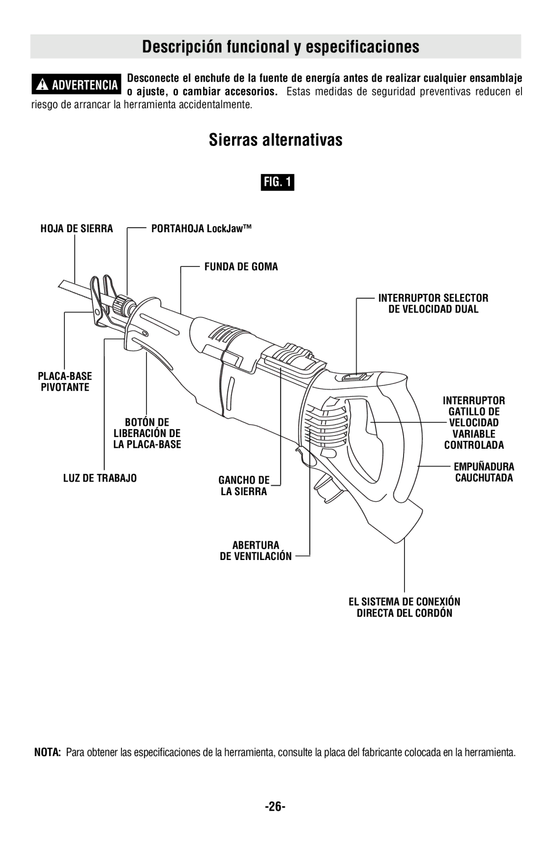 Bosch Power Tools RS20 manual Descripción funcional y especificaciones, Sierras alternativas 