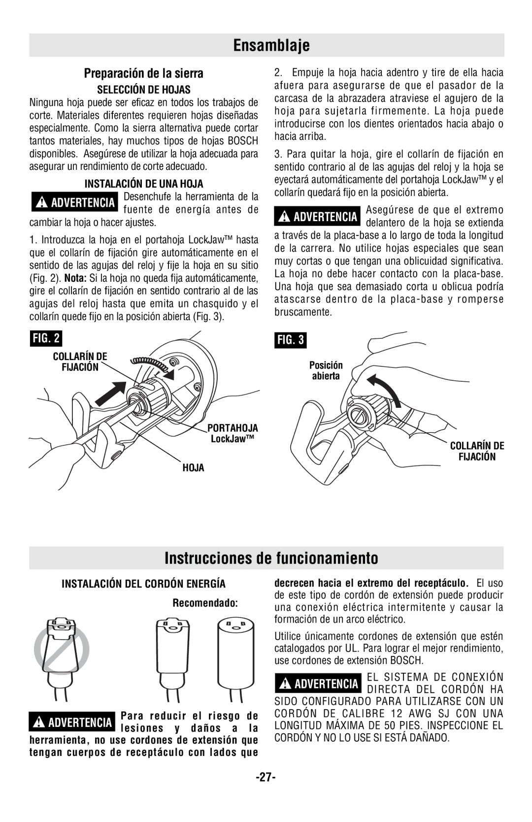 Bosch Power Tools RS20 manual Ensamblaje, Instrucciones de funcionamiento, Preparación de la sierra 