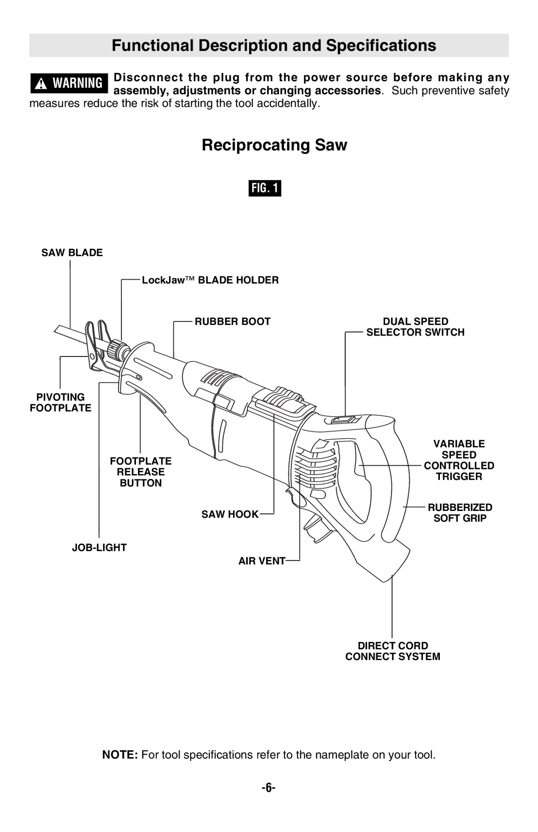 Bosch Power Tools RS20 manual Functional Description and Specifications, Reciprocating Saw 