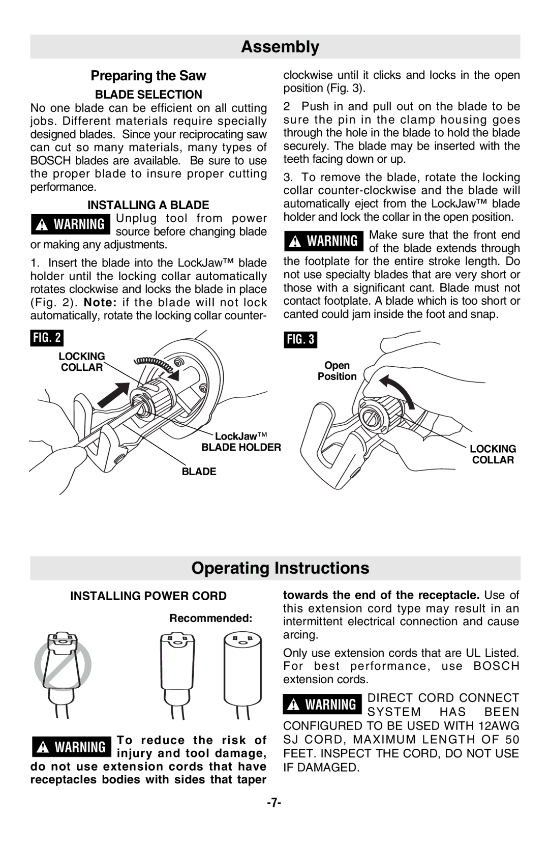 Bosch Power Tools RS20 manual Assembly, Operating Instructions, Preparing the Saw 