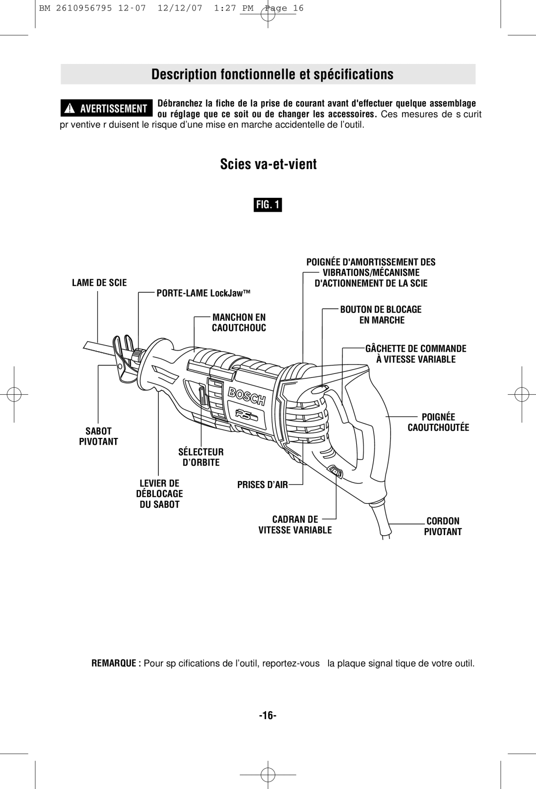 Bosch Power Tools RS35 manual Description fonctionnelle et spécifications, Scies va-et-vient, Lame DE Scie, Prises D’AIR 