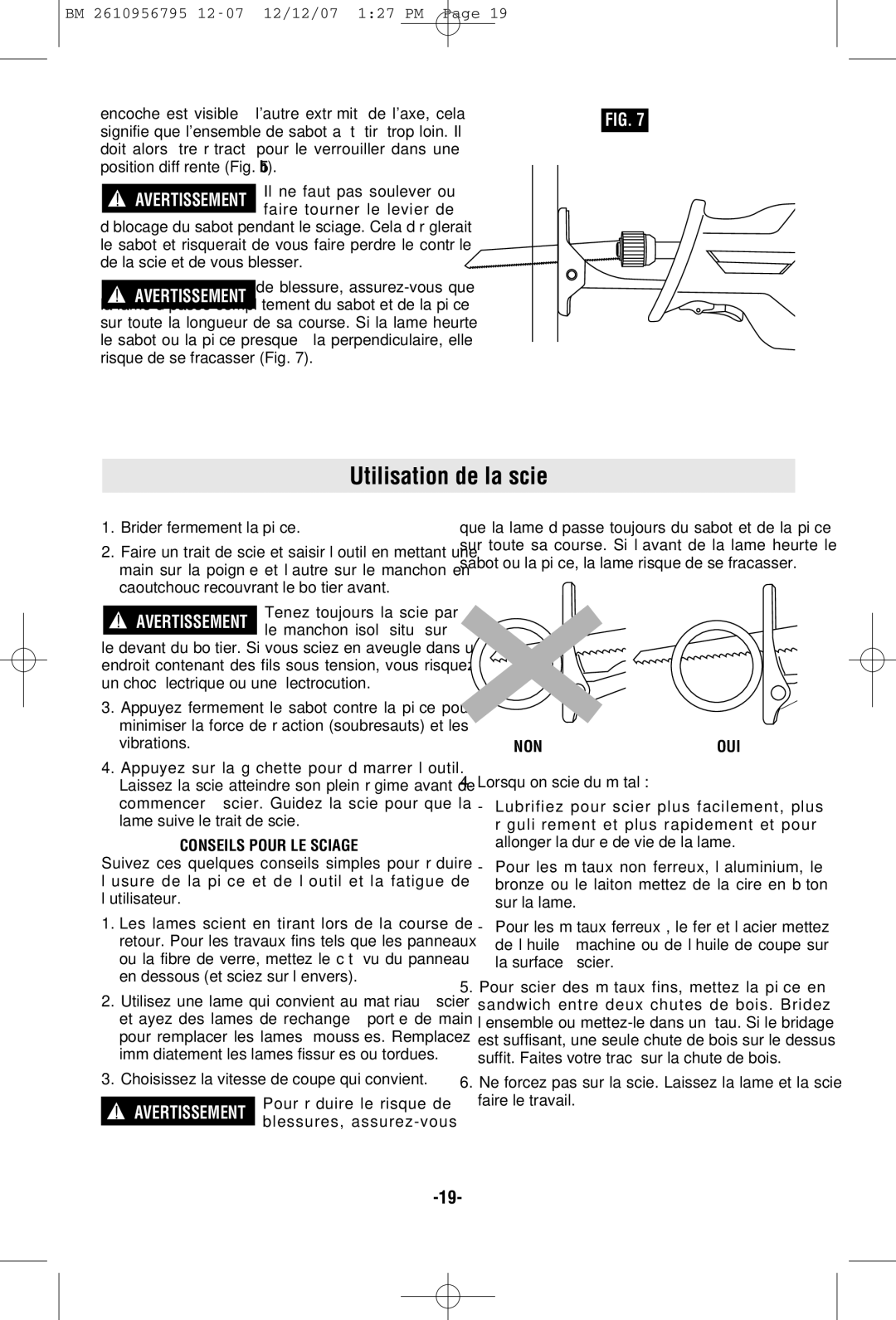 Bosch Power Tools RS35 manual Utilisation de la scie, Conseils Pour LE Sciage, Nonoui 