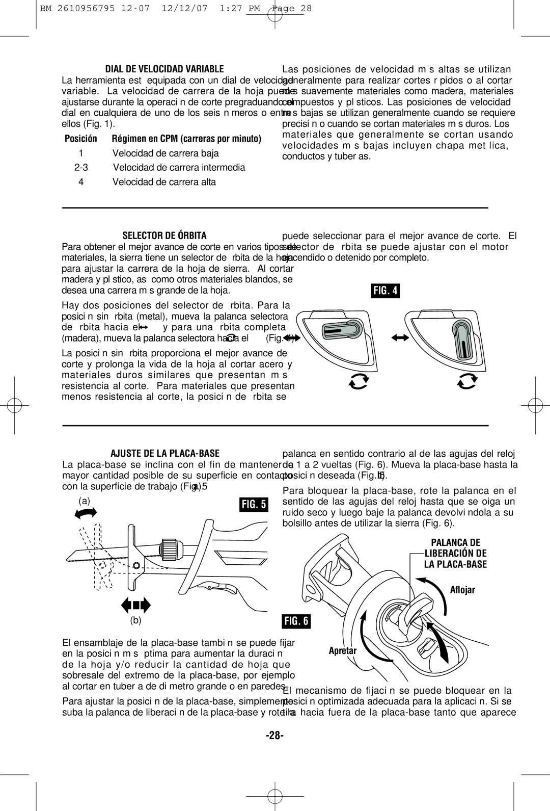 Bosch Power Tools RS35 manual Dial DE Velocidad Variable, Selector DE Órbita, Ajuste DE LA PLACA-BASE 