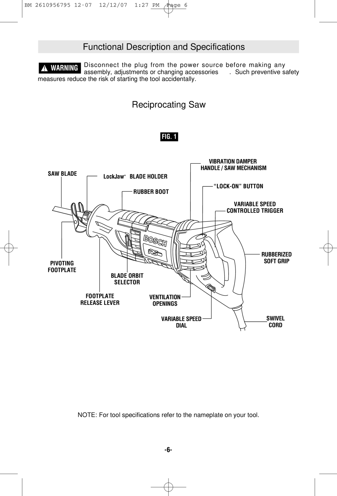 Bosch Power Tools RS35 manual Functional Description and Specifications, Reciprocating Saw, SAW Blade, LOCK-ON Button 