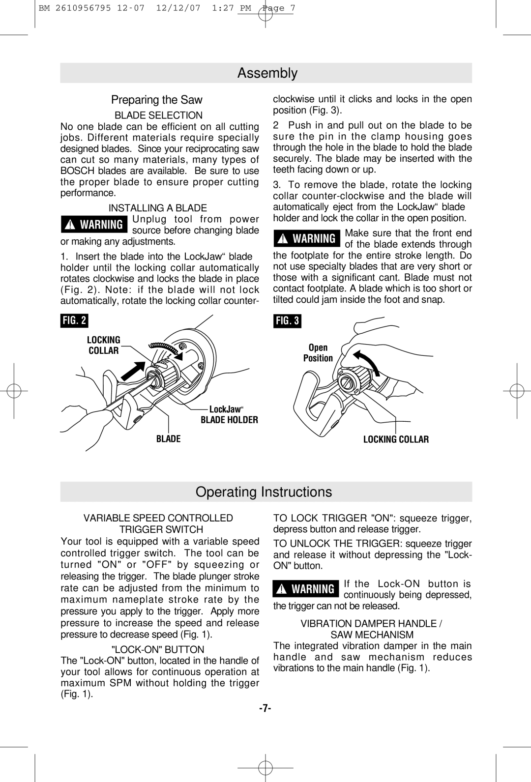 Bosch Power Tools RS35 manual Assembly, Operating Instructions, Preparing the Saw 