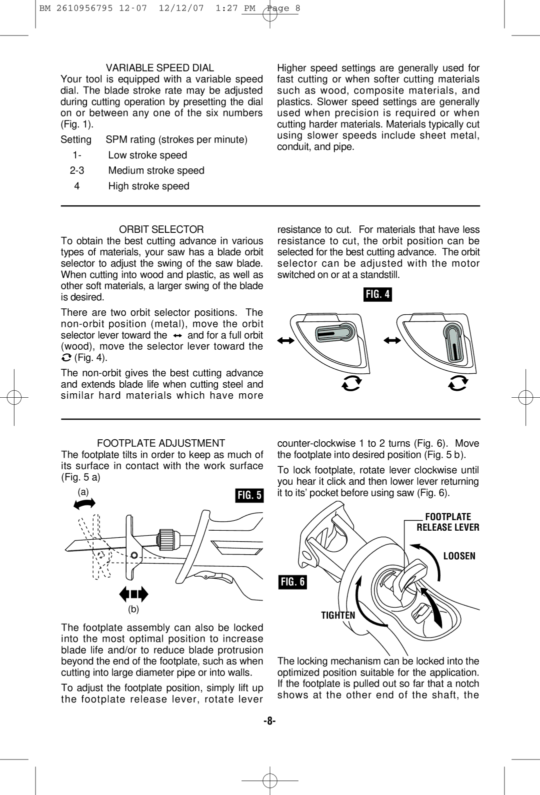 Bosch Power Tools RS35 Variable Speed Dial, Setting SPM rating strokes per minute, Orbit Selector, Footplate Adjustment 